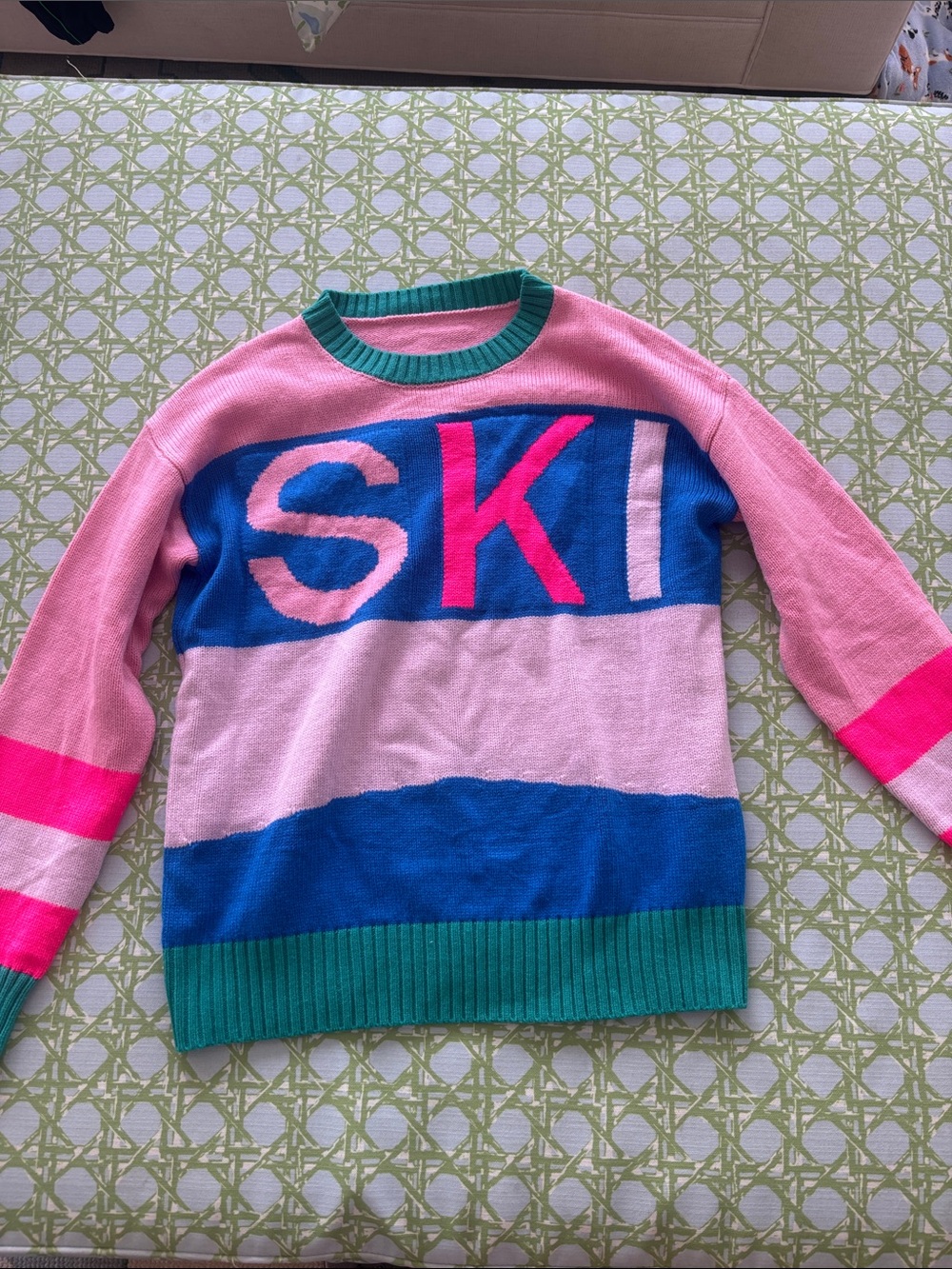 Colorblock 'SKI' Knit Sweater in Pink, Blue & Green